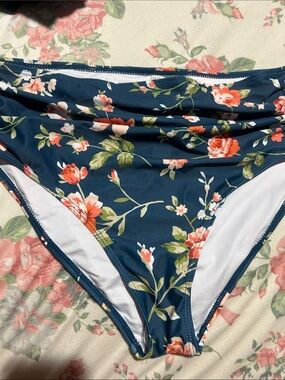 New Floral High-Waist Bikini Bottoms - Navy with Coral Flowers